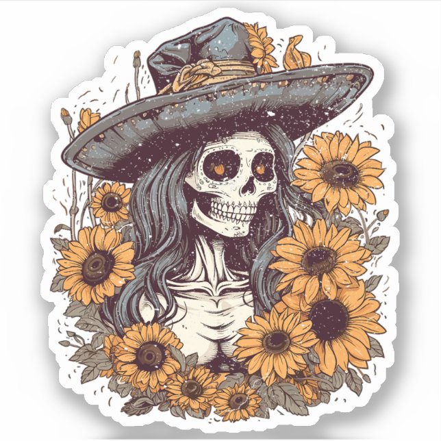 Pegatina Western Cowgirl Skeleton Sunflowers Tattoo Art (Anverso)