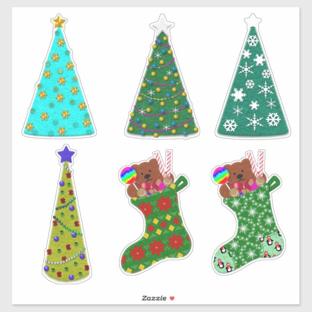 Pegatina Whimsical Felt Look Christmas Trees & Stockings (Hoja)