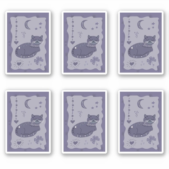 Pegatina Whimsical Night Cat Folk Art Sticker (Anverso)