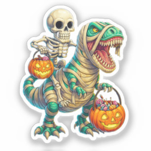 Pegatina Whimsical Skeleton Riding Mummy T-Rex Halloween