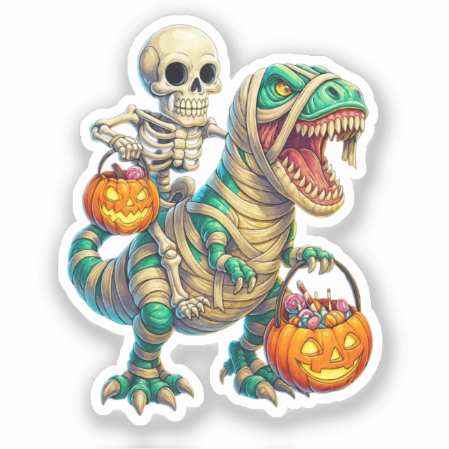 Pegatina Whimsical Skeleton Riding Mummy T-Rex Halloween (Anverso)