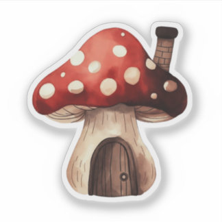 Pegatina Whimsical Toadstool Mushroom House Illustration