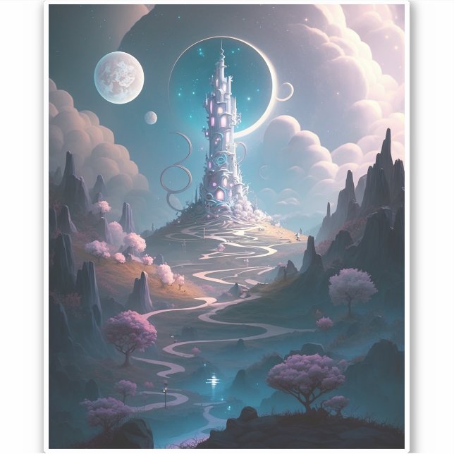 Pegatina Whimsical Tower Paisaje Fantasía Arte (Anverso)