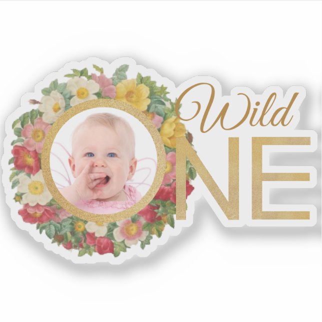 Pegatina Wild One Chica Photo Rosa Wreath Primer Cumpleaños (Anverso)