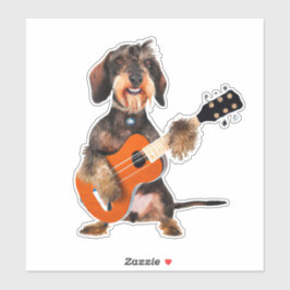 Pegatina Wirehair Dachshund Tocando Guitarra Acústica