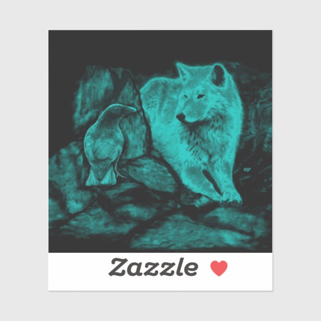 Pegatina Wolf y Raven en la noche (Hoja)