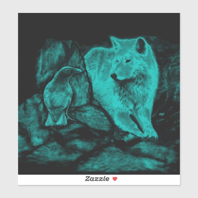 Pegatina Wolf y Raven en la noche (Hoja)