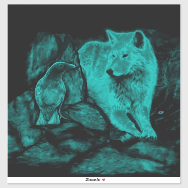 Pegatina Wolf y Raven en la noche (Hoja)