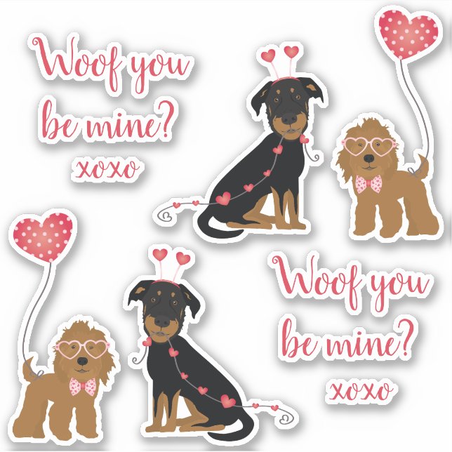 Pegatina Woof You Be Mine Valentine Dogs (Anverso)