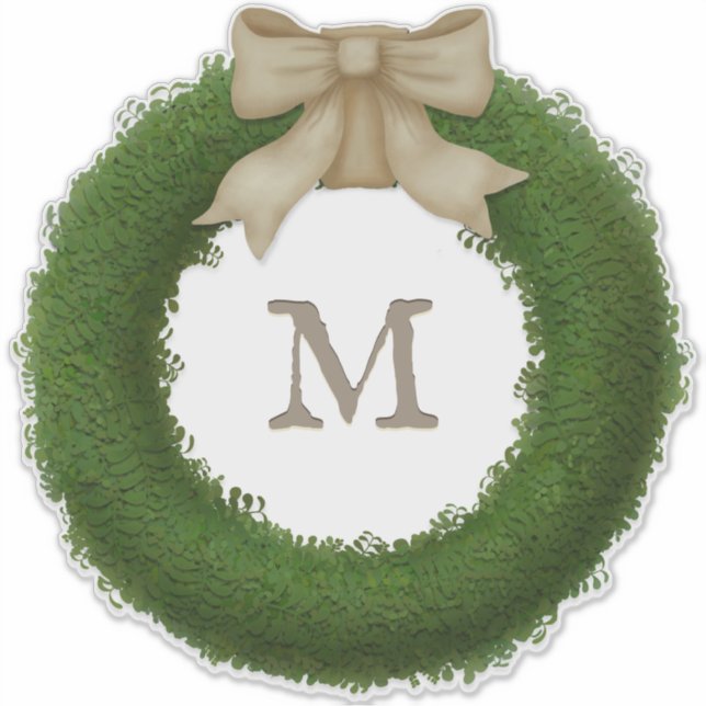 Pegatina Wreath De Boxwood Verde Con Monograma De Personali (Anverso)