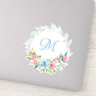 Pegatina Wreath floral acuarela de bonito con monograma
