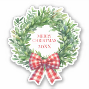 Pegatina Wreath Verde De Acuarela Con Bow Rojo De Gingham