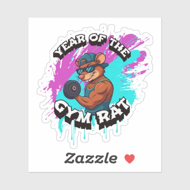 Pegatina Year of the Gym Rat Funny Workout Cartoon Design (Hoja)