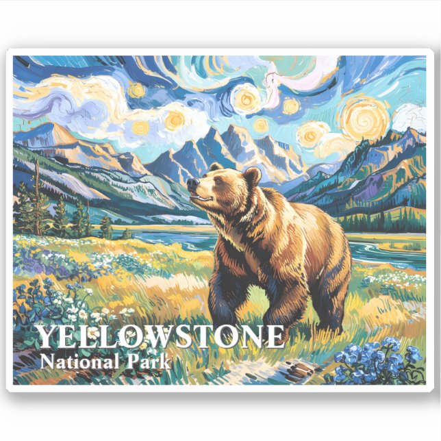 Pegatina Yellowstone National Park Bear Landscape Van Gogh (Anverso)