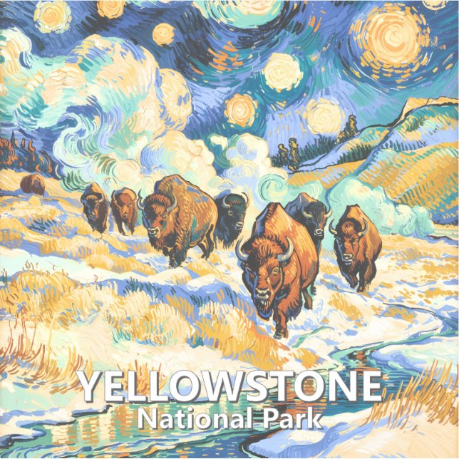 Pegatina Yellowstone National Park Bison Vintage Van Gogh (Anverso)