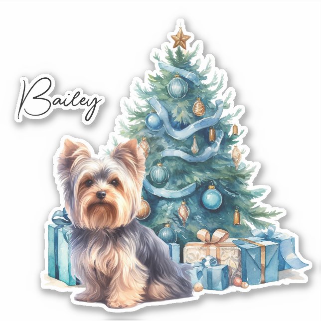 Pegatina Yorkie de nombre de perro personalizado con árbol  (Anverso)