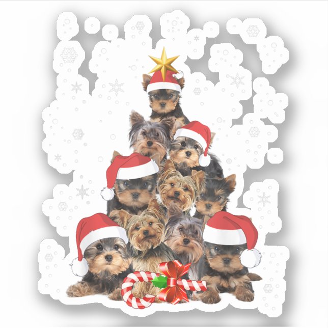 Pegatina Yorkie Dogs Tree Navidades Sweater Xmas Mascota An (Anverso)