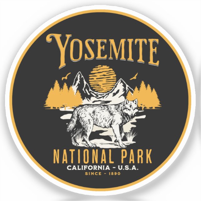 Pegatina Yosemite Woodland Scenery with Retro Wolf (Anverso)