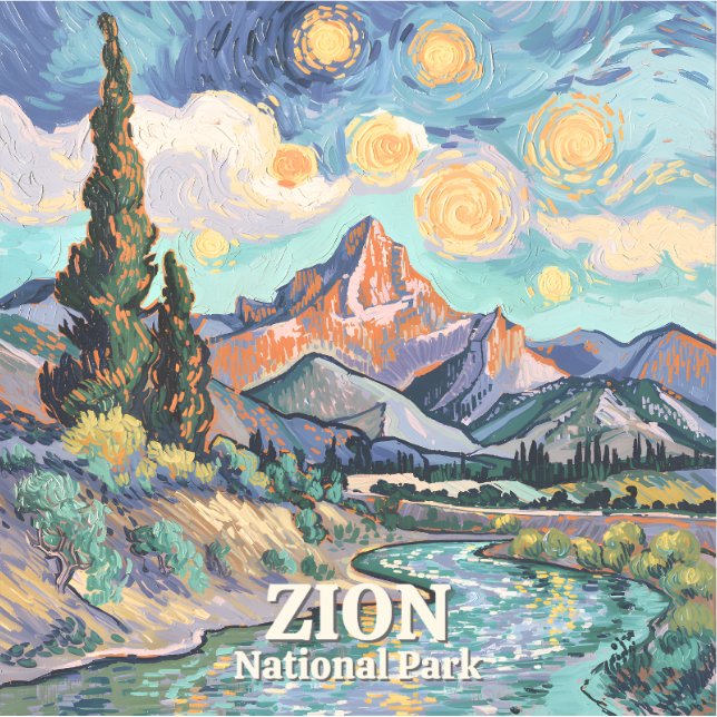 Pegatina Zion Vibrant Landscape Retro River Sunset Van Gogh (Anverso)