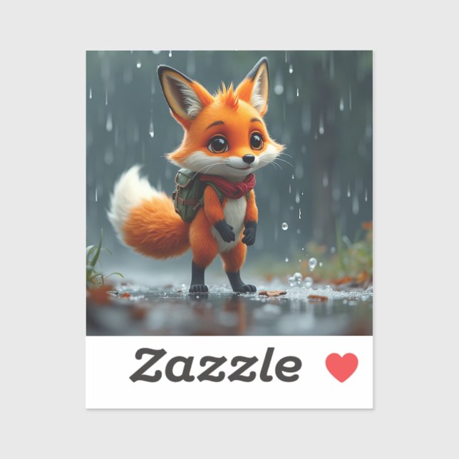 Pegatina Zorro Adorable en la Lluvia (Hoja)