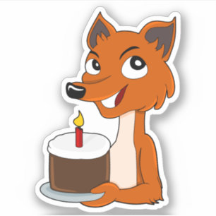 Pegatina Zorro de dibujos animados con pastel de cumpleaños