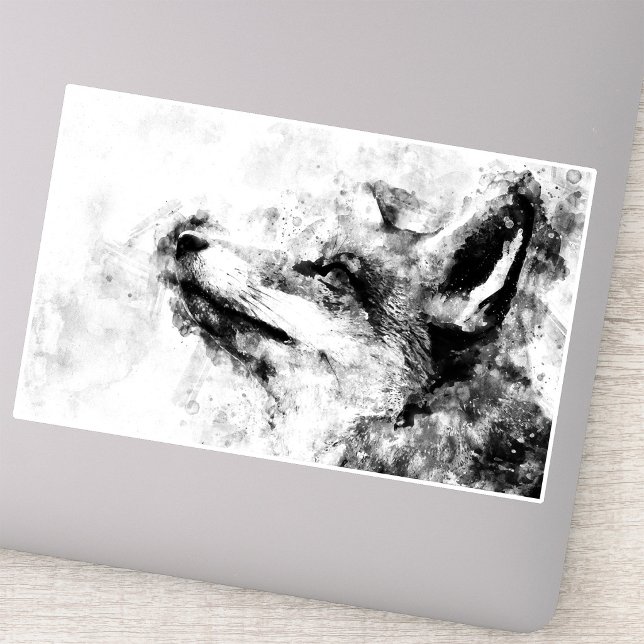 Pegatina Zorro Rojo Negro y Blanco Acuarela 01 (Red Fox Black and White Watercolor 01. Sticker)
