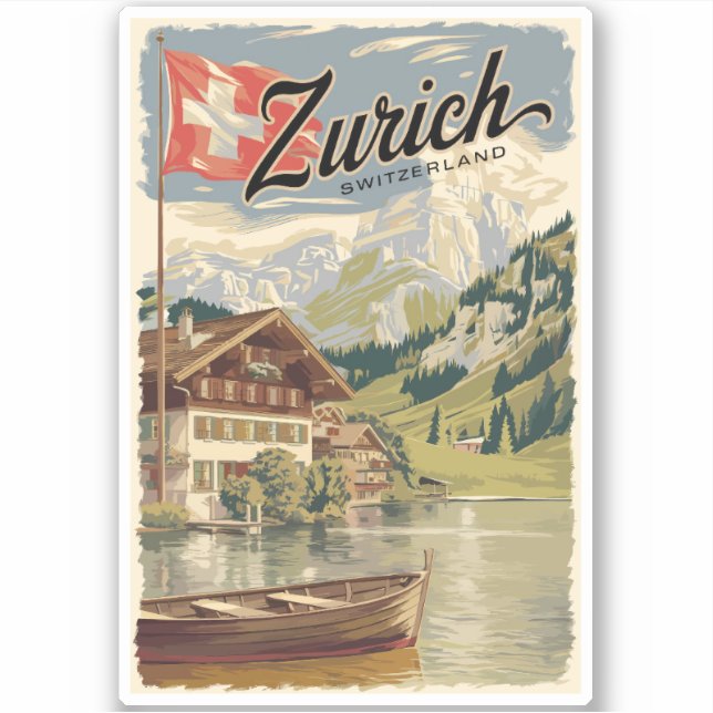 Pegatina Zurich Suiza Painterly Viaja arte Vintage (Anverso)