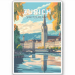 Pegatina Zurich Suiza Viaje al arte Vintage<br><div class="desc">Diseño de viaje vectorial retro de Zurich. Las pintorescas callejuelas del centro de Altstadt (casco antiguo),  a ambos lados del río Limmat,  reflejan su historia pre-medieval.</div>