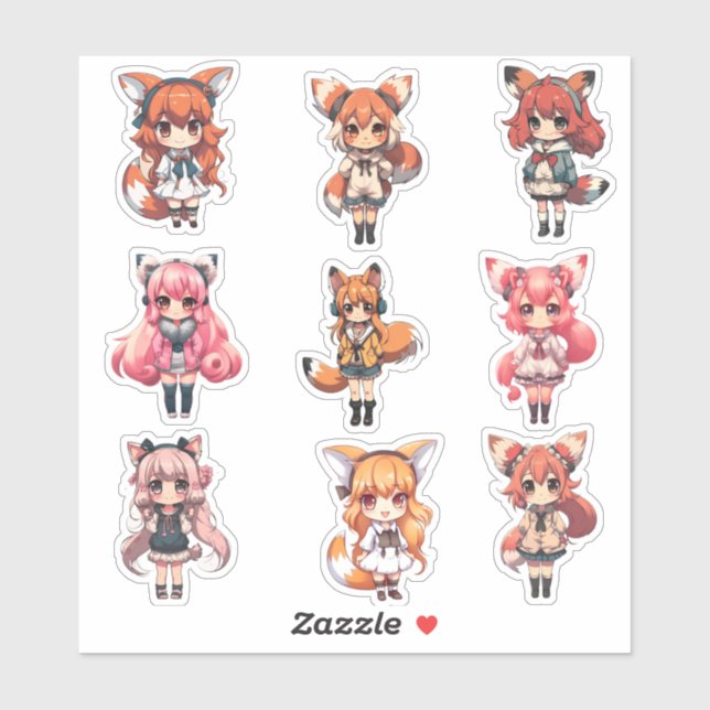 Pegatinas Anime de Fox Chibi Art Cute Chica (Hoja)