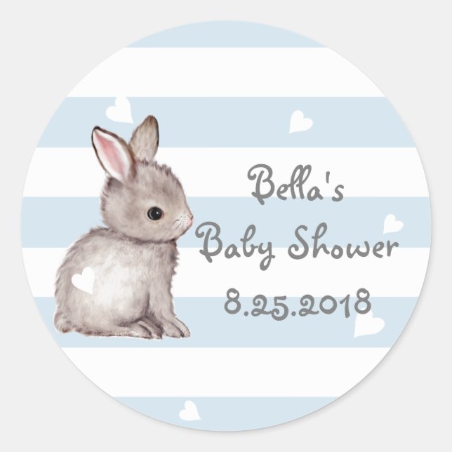 Pegatinas Baby Shower de Blue Stripes Heart Bunny (Anverso)