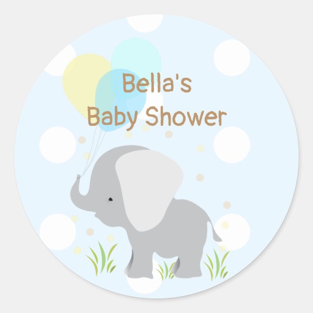 Pegatinas Baby Shower de Elefante Gris Azul (Anverso)