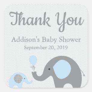 Pegatinas Baby Shower de Elefantes Azules, cuadrad