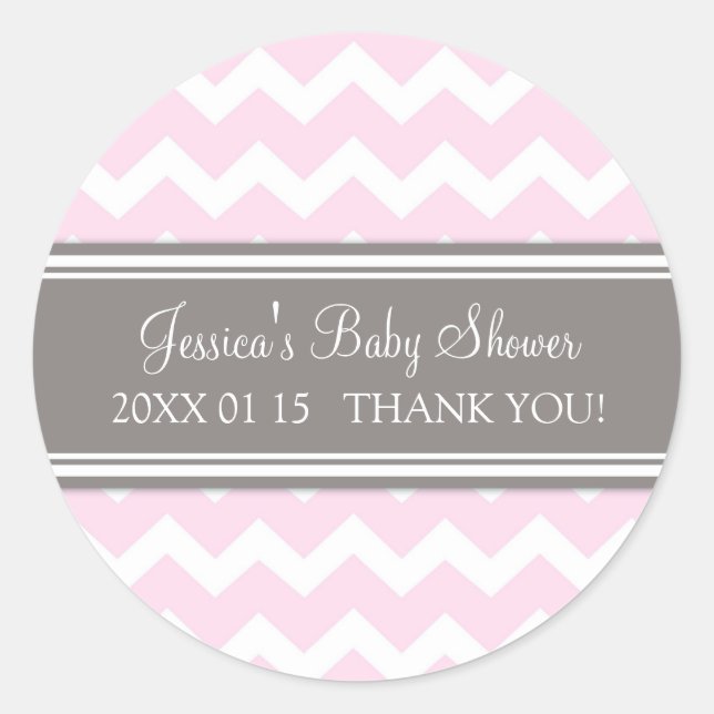 Pegatinas Baby Shower Favor de Chevron Gris Rosa (Anverso)