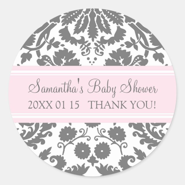 Pegatinas Baby Shower Favorito de Damask Gris Rosa (Anverso)