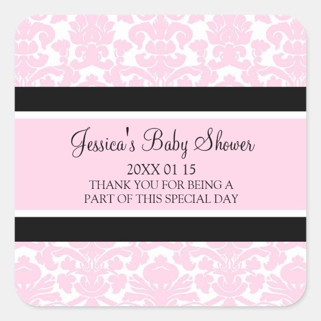 Pegatinas Baby Shower Favorito de Damask Rosado (Anverso)