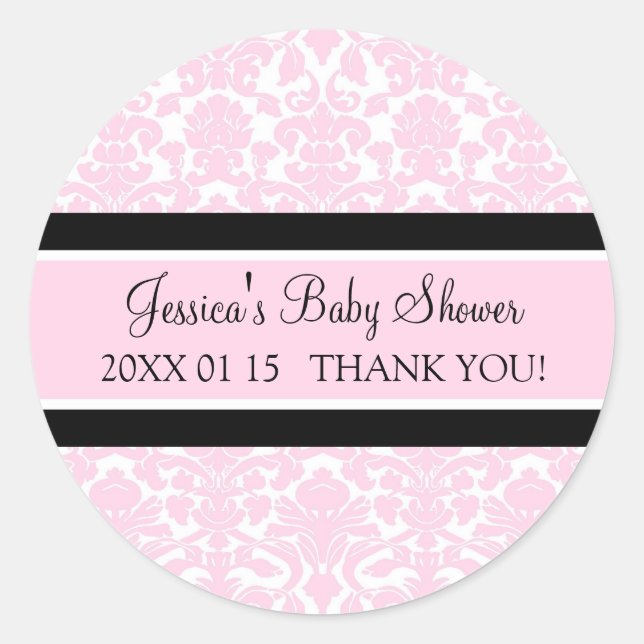 Pegatinas Baby Shower Favorito de Damask Rosado (Anverso)