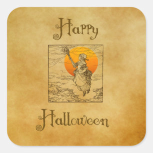 Pegatinas cuadradas de bruja de Halloween vintage