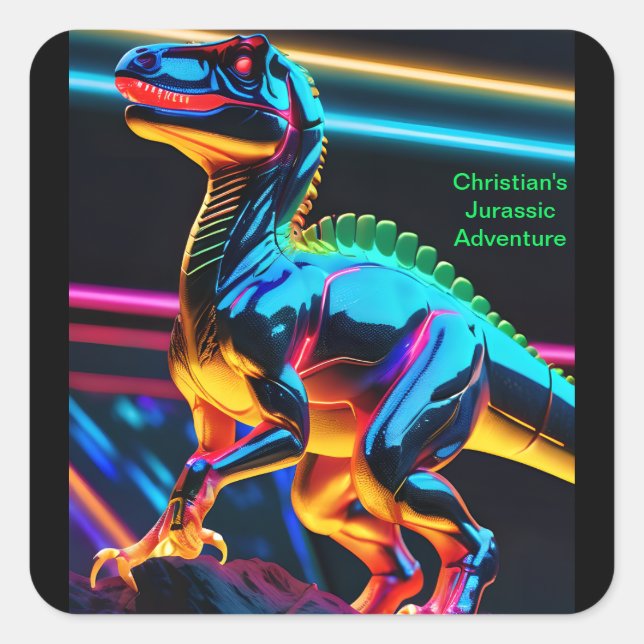 Pegatinas cuadradas de dinosaurio neon (Anverso)