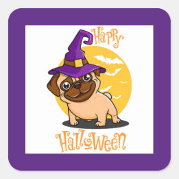 Pegatinas cuadradas de Halloween de pug bruja