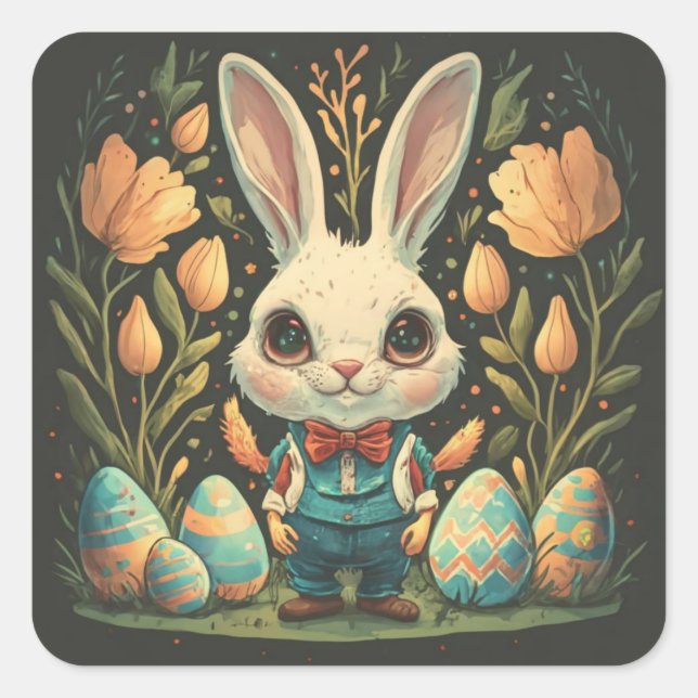 Pegatinas cuadradas de huevos de conejo de Pascua  (Anverso)