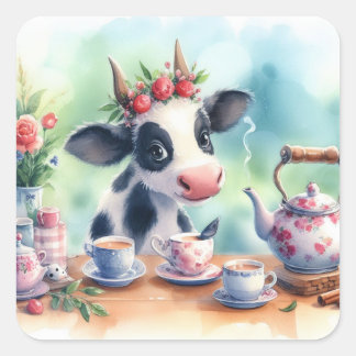 Pegatinas cuadradas de vaca linda bebiendo té