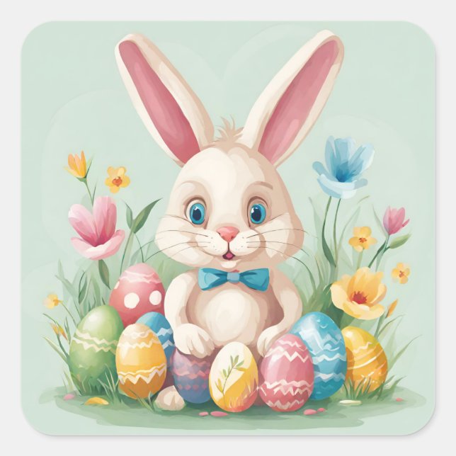 Pegatinas cuadradas del conejo de Pascua pastel co (Anverso)
