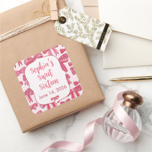 Pegatinas cuadradas para fiestas con lazo rosa Coq