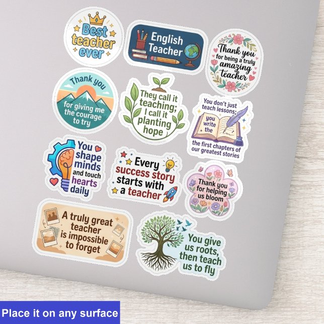 Pegatinas de agradecimiento a maestros 11-Pack | C (teacher appreciation sticker pack, retro teacher quote decals)