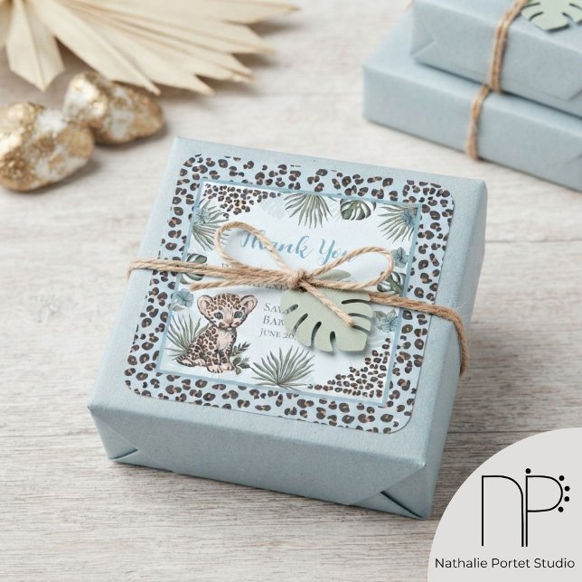 Pegatinas de agradecimiento azules con estampado d (hand-drawn baby leopard boy cub, jungle leaves, and blue florals for safari favor labels)