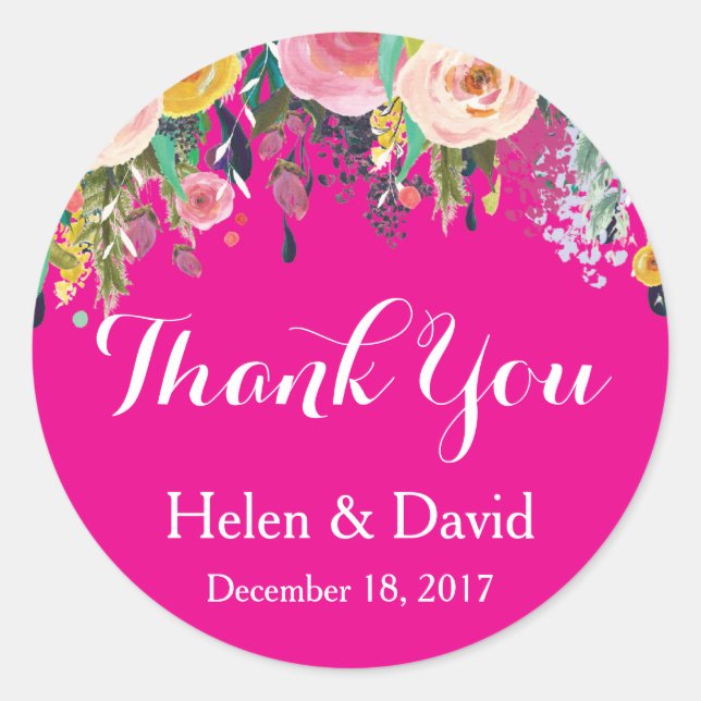 Pegatinas de agradecimiento de boda florales rosa  (Anverso)