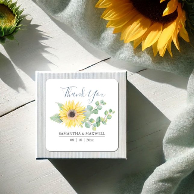 Pegatinas de agradecimiento de girasoles amarillos (Thank you stickers watercolor sunflower and eucalyptus art by Victoria Grigaliunas, Do Tell A Belle)