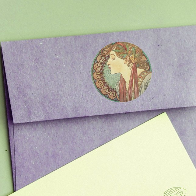 Pegatinas de Art Deco (Art Deco style lady leaves in hair on green burgundy mosaic sticker.)