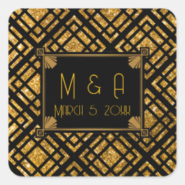 Pegatinas de Art Deco Black and Gold Boda Square