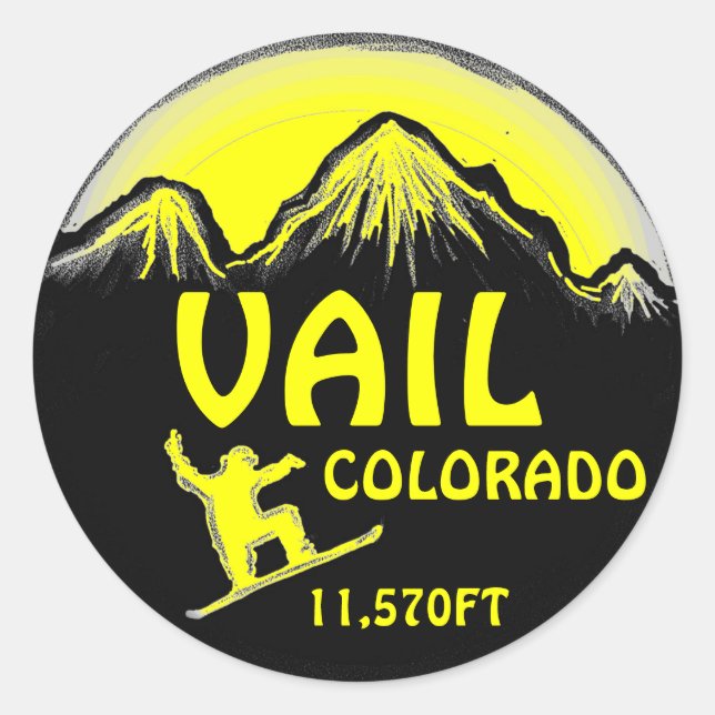 Pegatinas de arte de snowboard amarillos de Vail C (Anverso)